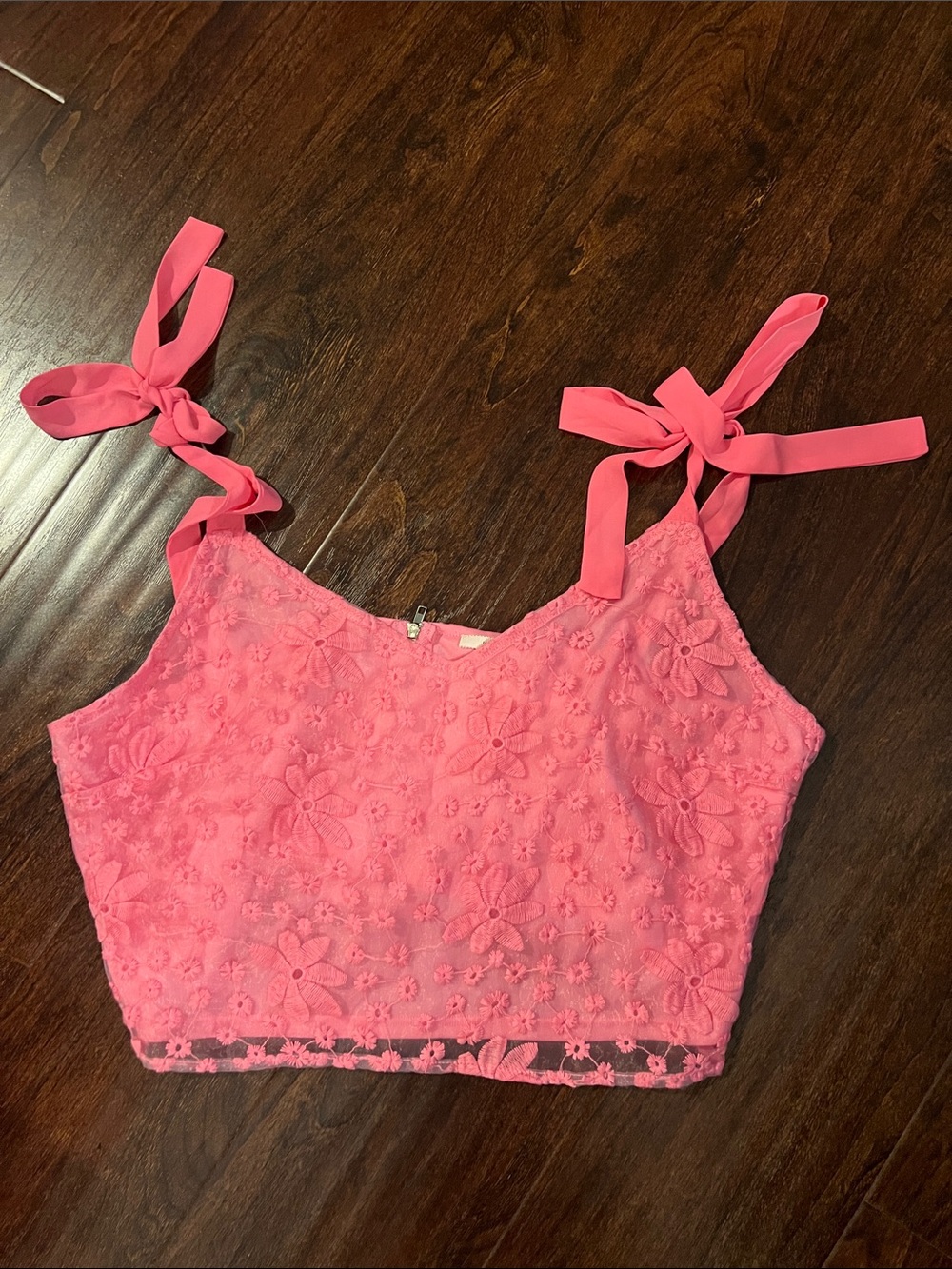 Floral Lace Tie-Shoulder Crop Top - Pink
